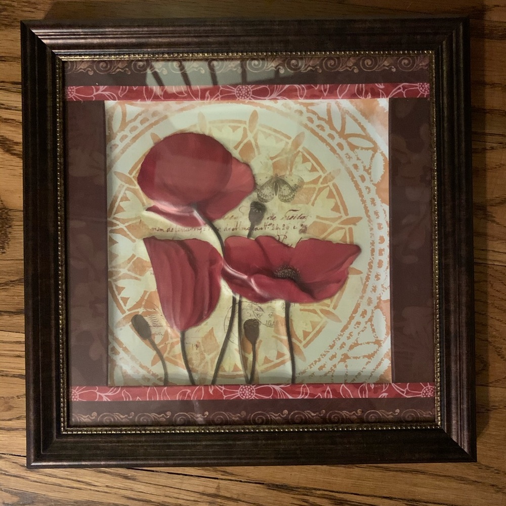 2 beautiful poppy pictures framed